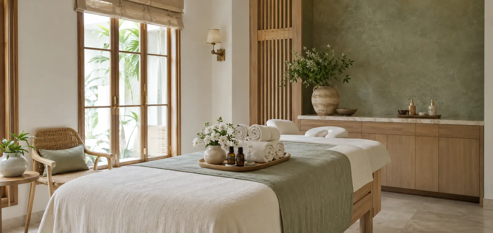 Calm treatment room at spa in Pondicherry